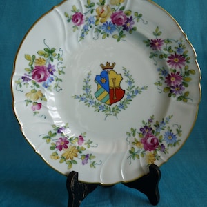 Lot of Two (2) Dresden ARMORIAL CREST Coat of Arms PLATES with Scattered Botanical Flowers & Gold Trim.. Made in Germany