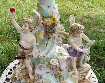 Von Schierholz German Porcelain, Thuringer, Germany  c.1865  TABLE CENTERPIECE COMPOTE w/ Winged Putti Cherubs - Shell Reticulated Basket