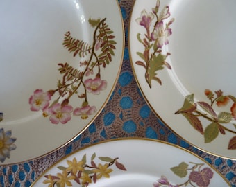 c.1887 - Antique Royal Worcester, England Vitreous - LOT 10 - 9.75&quot; LUNCHEON PLATES w/ Gold Trim - Various Botanical Flowers W2214