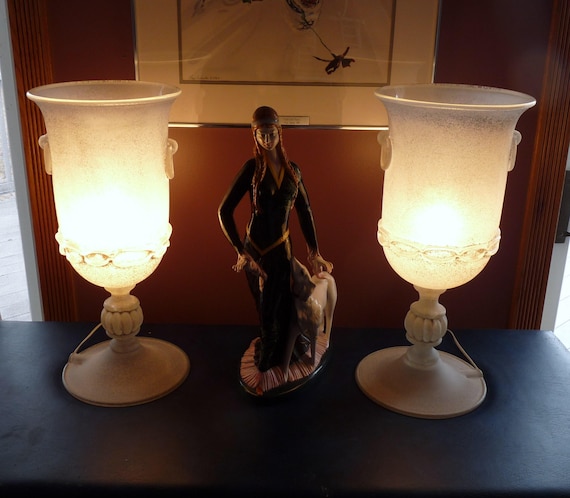 Italy, Seguso Vetri D'Arte signed - Pair - 23" Tall MURANO Campana TABLE Lamps w/ Corroso White Frosted Glass