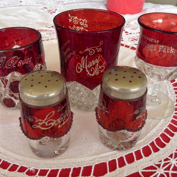 EAPG - Ruby Red Flash / Stained Red Glass - CHOICE:  SOUVENIR  c1903 Salt Pepper Shakers - mini Creamer - Cordial - c1906 Cup - c1914 Glass