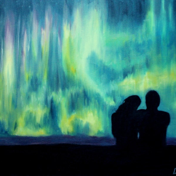 Aurora Borealis Northern Lights, Colorful Couple Night Sky Romantic Landscape Painting, Abstract  Painting - Original Oil Painting on Canvas