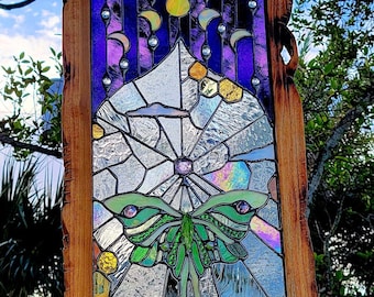 The Lunarian glass Tapestry window, luna moth, nature, plants, home decor, the sweet karma bar, stained glass window, sun catchers