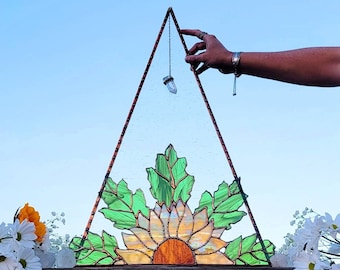 The Glass Sunflower Mandala, sacred geometry , stained glass, the sweet Karma bar, Quartz crystal, triangle panel, flower power, hippie,boho