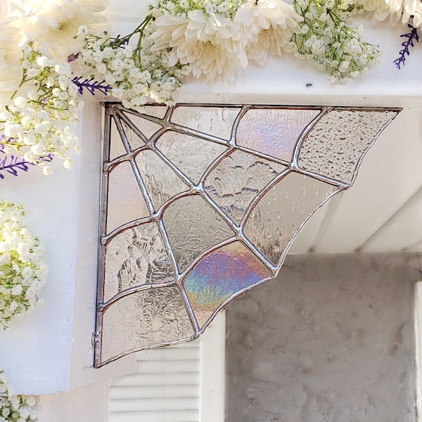 Stained Glass Spider Web Corner,Home decor, Garden decor,spider web decor, halloween decor, stained glass,garden, corners, magical, unique