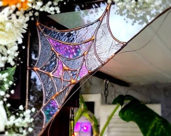 Whimsical glass spiderweb, unique home decor, corner piece, glass panel, the sweet Karma bar,  Halloween, Gothic, spooky, garden, entrance