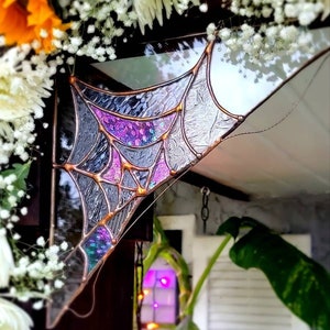 Whimsical glass spiderweb, unique home decor, corner piece, glass panel, the sweet Karma bar,  Halloween, Gothic, spooky, garden, entrance