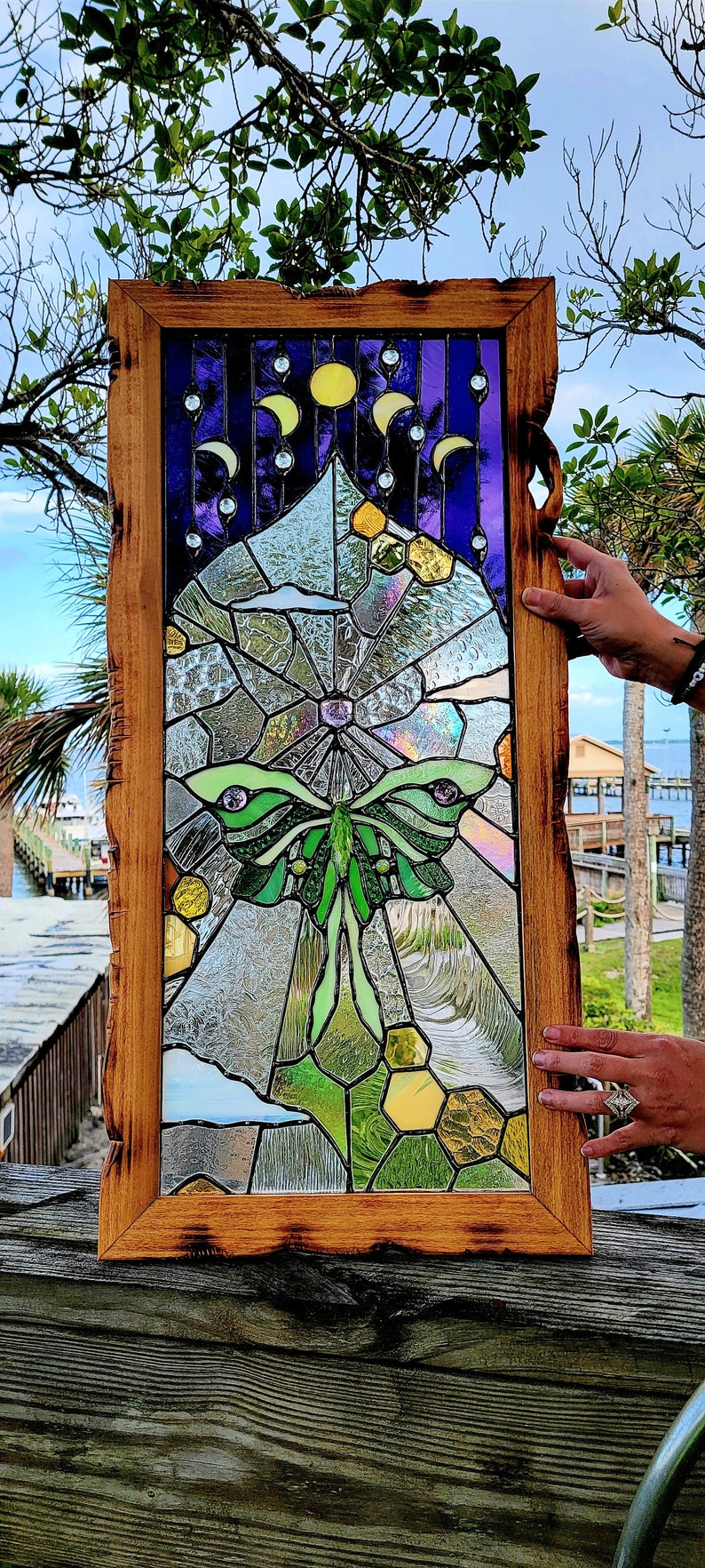 The Lunarian glass Tapestry window, luna moth, nature, plants, home decor, the sweet karma bar, stained glass window, sun catchers image 8