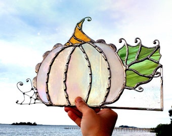 Iridescent wispy webbed white pumpkin, stained glass , corner piece, the sweet karma bar, halloween decor , spooky , whimsical