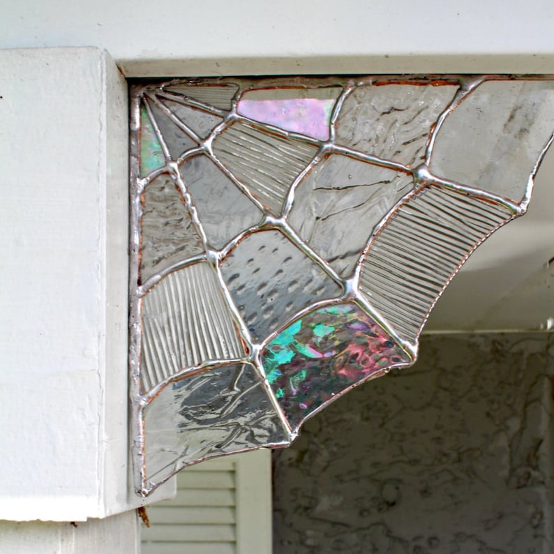 Stained Glass Spider Web Corner,Home decor, Garden decor,spider web decor, halloween decor, stained glass,garden, corners, magical, unique image 2