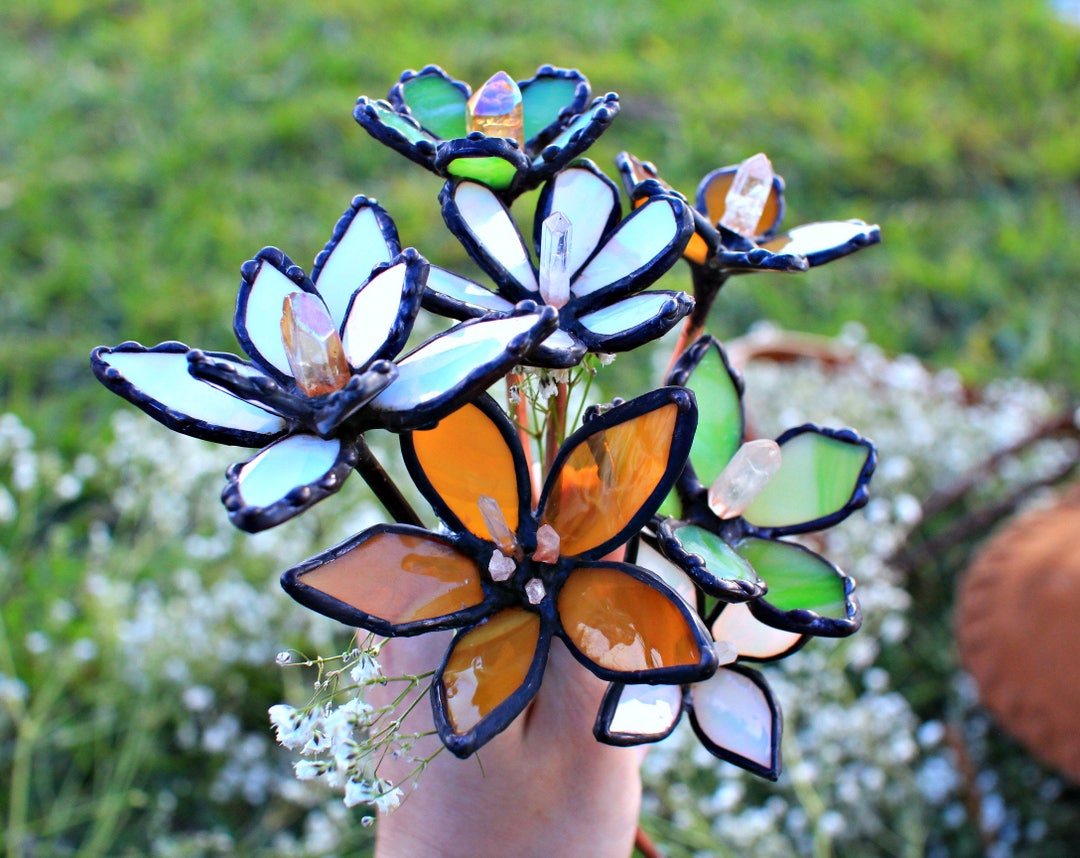 5 Wild Flower Bouquet, Stained Glass, Flowers, Crystal Healing, Wedding ,  Bridal Bouquet, Gifts for Her, Home, Decor, Accents, Gardening 