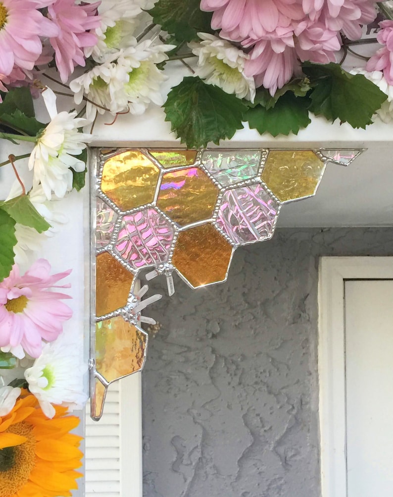 The Crystalized Honeycomb , bees, stained glass, geometric, wall decor, windows, wedding decor, nursery decor image 1