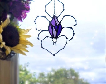 The crystalized spider, stained glass, suncatcher, halloween, goth, insects, bugs, oddities, curiosities, ornament, accent, pop of color