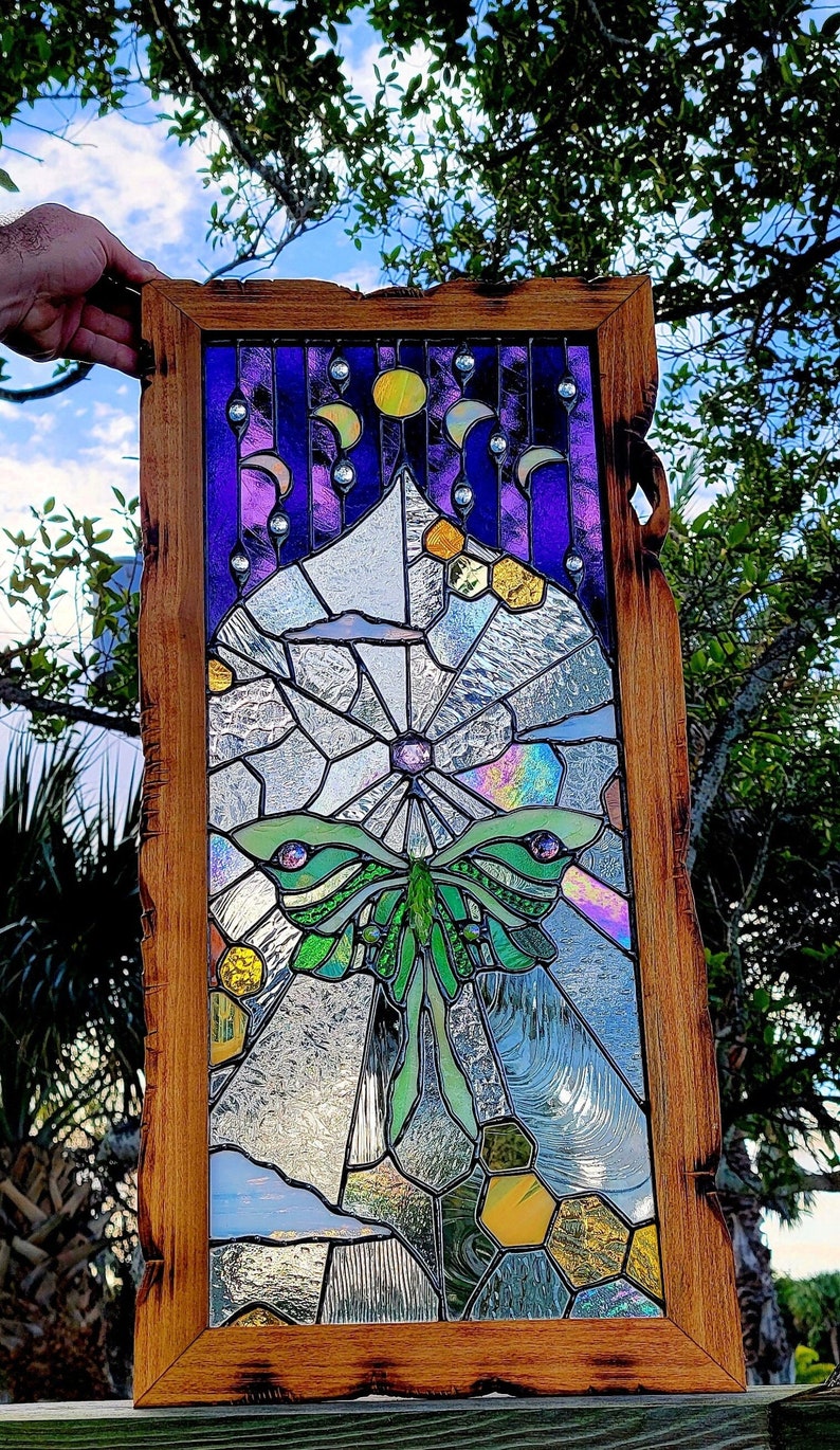 The Lunarian glass Tapestry window, luna moth, nature, plants, home decor, the sweet karma bar, stained glass window, sun catchers image 1