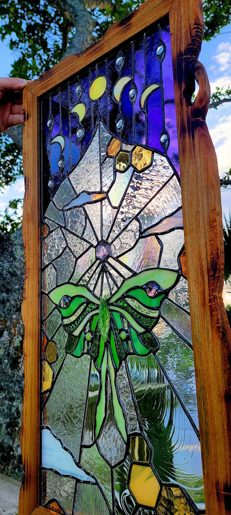 The Lunarian glass Tapestry window, luna moth, nature, plants, home decor, the sweet karma bar, stained glass window, sun catchers image 2