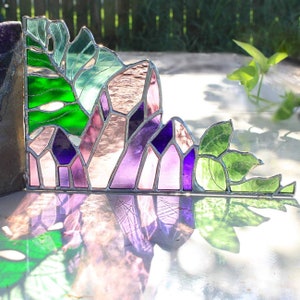 Amethyst Gardens, Stained glass, corner piece, plant mom, Plant daddy, plant lovers, green thumb, crystals, foliage, garden, window decorate