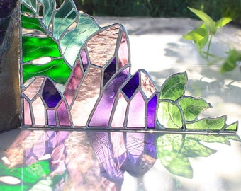 Amethyst Gardens, Stained glass, corner piece, plant mom, Plant daddy, plant lovers, green thumb, crystals, foliage, garden, window decorate