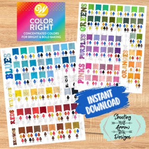 May include: A Wilton Color Right concentrated colour chart for baking, featuring two white sheets with rows of colourful flag icons, drop symbols, and numerical codes for colour mixing. Includes text labels for colour groups and an Instant Download graphic.