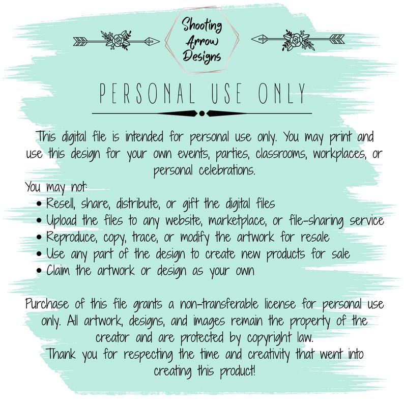 Pode incluir: Um arquivo digital com o texto "PERSONAL USE ONLY" e diretrizes de uso. O design inclui gr&aacute;ficos florais e de flechas, com as palavras "Shooting Arrow Designs" no topo. O arquivo &eacute; apenas para uso pessoal.