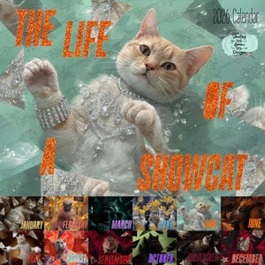 May include: A 2026 calendar titled "The Life of a Showcat" features a glamorous cat wearing jewelry. The calendar has a teal background with floral and arrow designs. Each month has a different image of a cat.