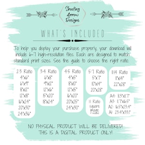 Pode incluir: Uma folha de informa&ccedil;&otilde;es sobre produtos digitais com fundo turquesa e texto. O texto inclui "Shooting Arrow Designs" e "What's Included". Ele lista v&aacute;rios tamanhos de impress&atilde;o em cm, como 10x15, 15x20 e 20x25, e afirma que nenhum produto f&iacute;sico ser&aacute; entregue.