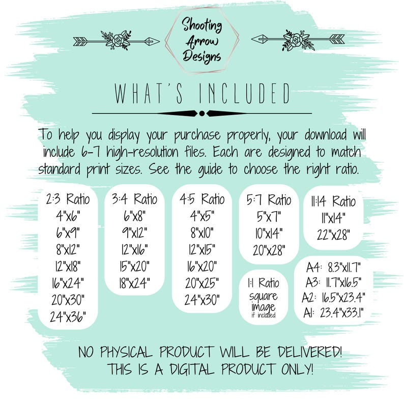 Pode incluir: Uma folha de informa&ccedil;&otilde;es sobre produtos digitais com fundo turquesa e texto. O texto inclui "Shooting Arrow Designs" e "What's Included". Ele lista v&aacute;rios tamanhos de impress&atilde;o em cm, como 10x15, 15x20 e 20x25, e afirma que nenhum produto f&iacute;sico ser&aacute; entregue.