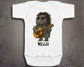 Personalized Hippo Hippopotamus Guitar Baby Onesie: Funny Unisex Infant Clothes