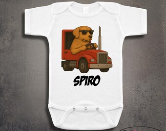 Dog Red Future Trucker Rig Truck Dad Daddy's Semi Name Personalized Baby Babies Clothes Newborn Infant Onesies Gift Clothing OTR Hauler