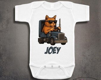 Cat Blue Future Trucker Rig Truck Dad Daddy's Semi Name Personalized Baby Babies Clothes Newborn Infant Onesies Gift Clothing OTR Hauler