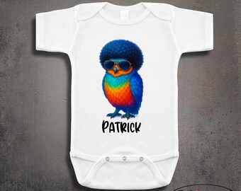 Personalized 1970's Hippie Afro Shades Owl Baby Onesie - Custom Name Shower Gift