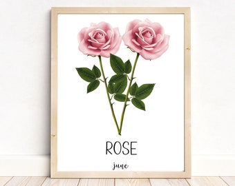 June Rose Birth Flower Print | Instant Downloadable Art for Mom | Floral Home Decor | Printable Wall Art