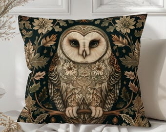 Owl Throw Pillow: William Morris Style Vintage Couch Decor, Gift for Forestcore Lover, Homeware