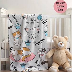 Cat Blanket with Name, Soft Fleece Blanket, Custom Cozy Fleece Throw Blanket,Warm Sherpa Blanket,Cat Lover Gift, Lovey Blanket,Birthday Gift