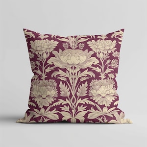 William Morris Inspired Floral Pillow Burgundy Arts & Crafts Cushion Cover Vintage Botanical Throw Pillow Gift for Floral Cottagecore Lover
