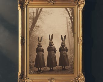 Spooky Gothic Halloween Print, Creepy Bunny Wall Art, Dark Cottagecore Fine Art Poster, Dark Forest Rabbit Mask Art,Dark Academia Home Decor