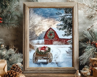 Red Barn Christmas Print: Winter Farmhouse Landscape Art, Homeware