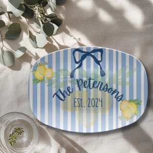 Personalized Lemon Wedding Platter: Blue Stripe Family Name Plate