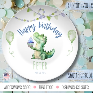Dinosaur Plate for Kid, Personalized Birthday Plate, Happy Birthday Cake Plate, First Birthday Gift, Smash Cake Plate, Child&#39;s Dessert Plate