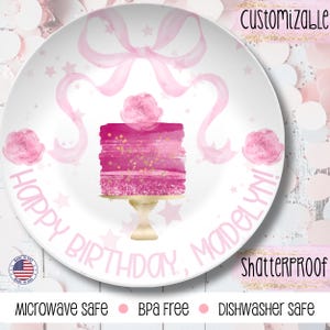 Custom Birthday Plate for Girls Pink Cake Personalized Plate with Name Keepsake Kids Party Dish BPA-Free, Dishwasher Oven Microwave Safe