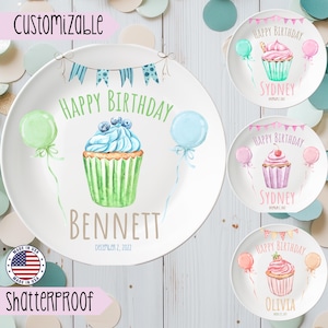Custom Name Plate,Happy Birthday Cake Plate,Cupcake Plate,First Birthday Gift,Smash Cake Plate, Personalized Kids Dessert Plate,Pink Cupcake