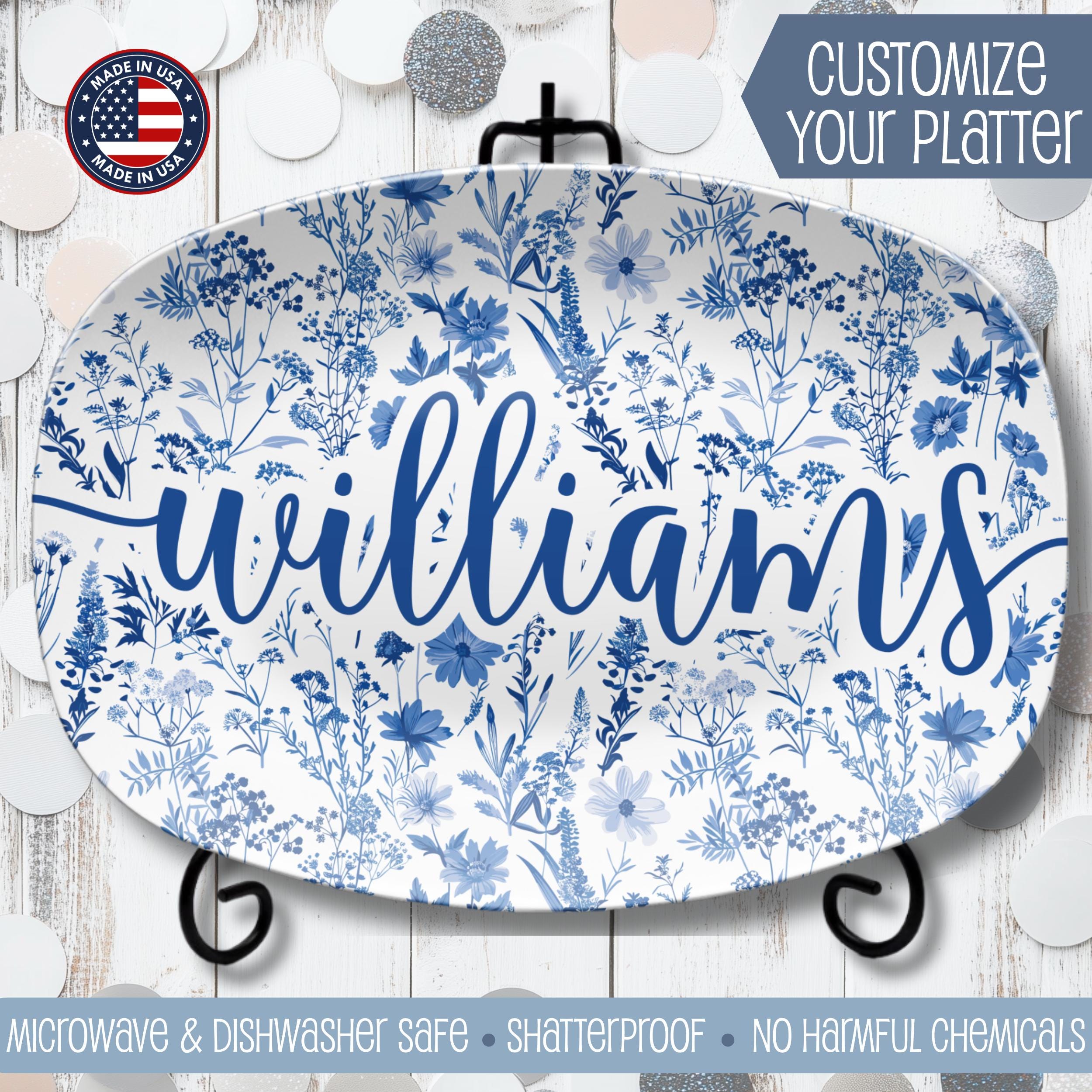 Personalized Family Name Platter: Blue Chinoiserie Floral Plate
