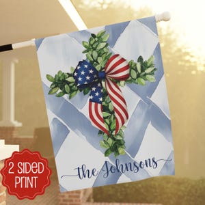 Personalized Patriotic Garden Flag: Watercolor Wreath, 4th of July DecorGiftable