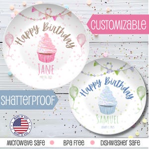 Personalized Birthday Plate for Girl Boys Pink Blue CupCake Design with Name Custom Kid Birthday Keepsake Plate BPA-Free Microwave Oven Safe