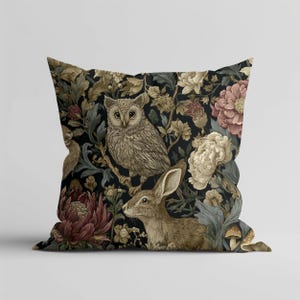 Woodland Animal Pillow William Morris Inspired Throw Pillow Rustic Animal Cushion Cover Vintage Botanical Decor Gift Nature Themed Cushion
