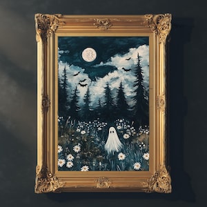 Ghost in Moonlit Forest Wall Art, Spooky Cottagecore Halloween Print, Dark Forest Fine Art Poster, Gothic Home Decor, Gift for Ghost Lover