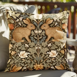 William Morris Inspired Rabbit Pillow Woodland Animal Tapestry Throw Pillow Nature Themed Cushion Cover Cottagecore Home Decor Vintage Hare