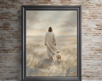 May include: Framed artwork depicting a figure in a white robe walking away from the viewer, followed by a lamb. The scene is set in a field with tall grass under a cloudy sky. The artwork is framed in a black frame.