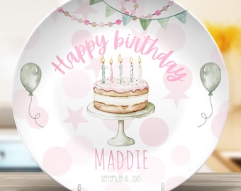 Personalized Birthday Plate, Shatterproof Keepsake with Watercolor Cake, Custom Name GiftNOT CERAMIC