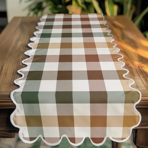 Buffalo Plaid Table Runner: Farmhouse Gingham with Scalloped/Piped/Hemmed Edge