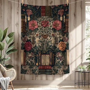 Dark Academia Floral Book Blanket,Gothic Library Tapestry Blanket,Cottagecore Botanical Fleece Throw, Cozy Gothic Home Decor,Gift for Reader